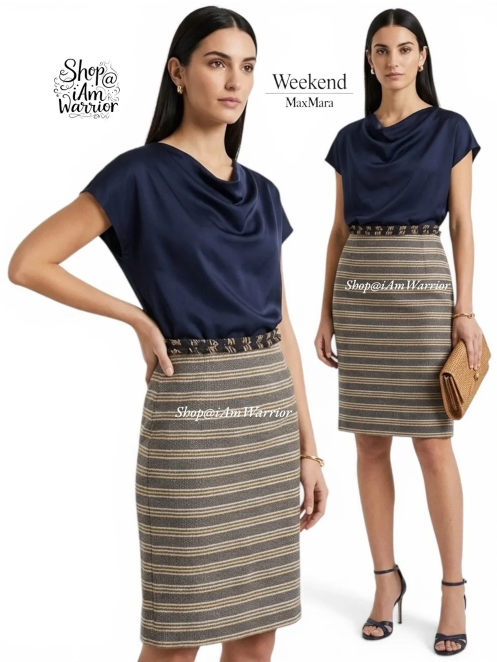 Weekend Max Mara striped cotton tweed fringe trim pencil skirt *shop@iamwarrior